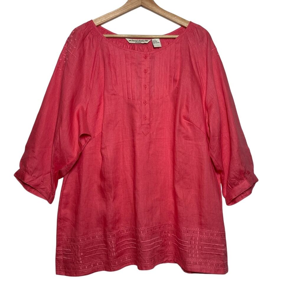 David Brooks 100% Linen Coral Pink Pintuck Blouse Top Sz 1X Breathable Coastal